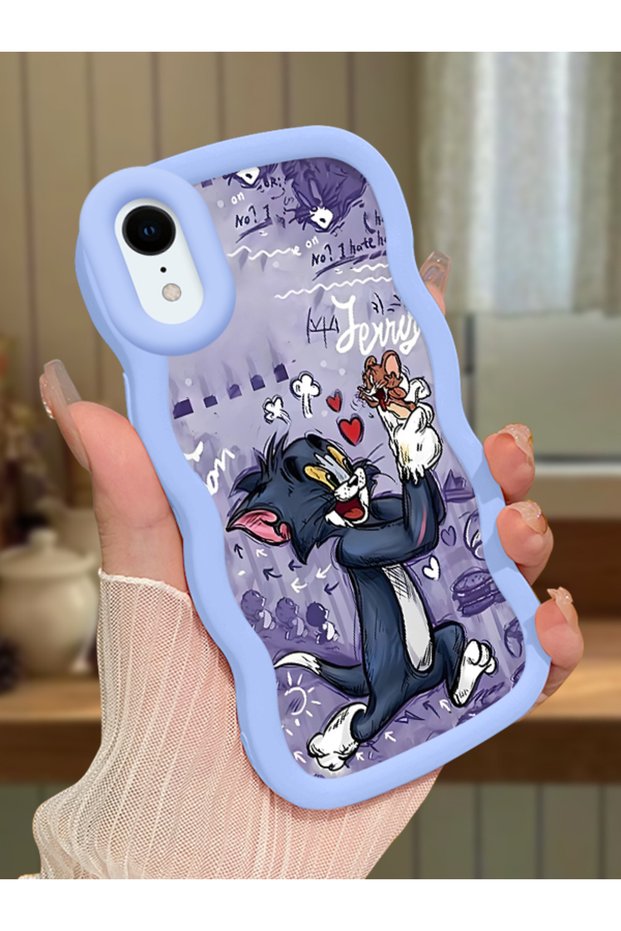 iPhone Xr Compatible Shockproof Simple Blue Silicone Phone Case Tom and Jerry Pattern