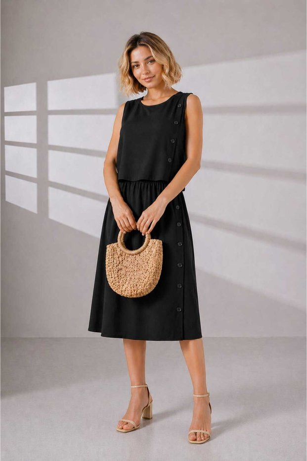 Buttoned Sleeveless Blouse/Elastic Waist Skirt Aerobin Set