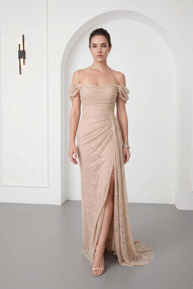 Women's Beige Slim Fit Boat Neck Lace Long Evening Dress