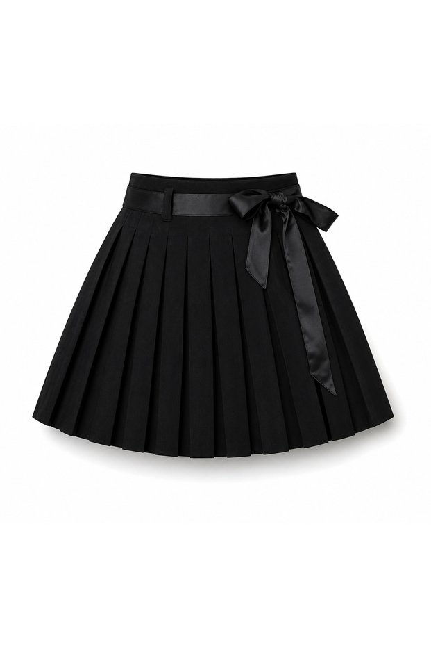 Girl's Black Pleated Skirt with Ribbon Detail – Ages 5-13
