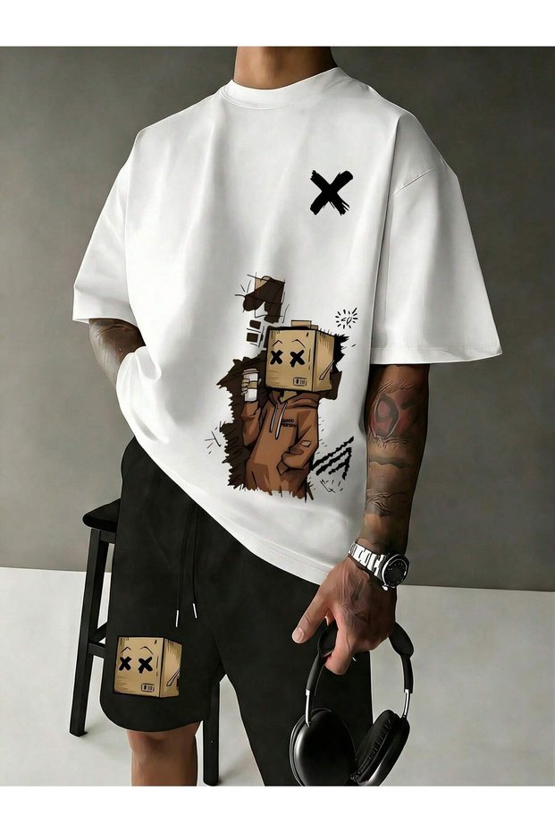 T-Shirt Shorts - T-Shirt with Shorts, Printed Crew Neck Top and Bottom Set