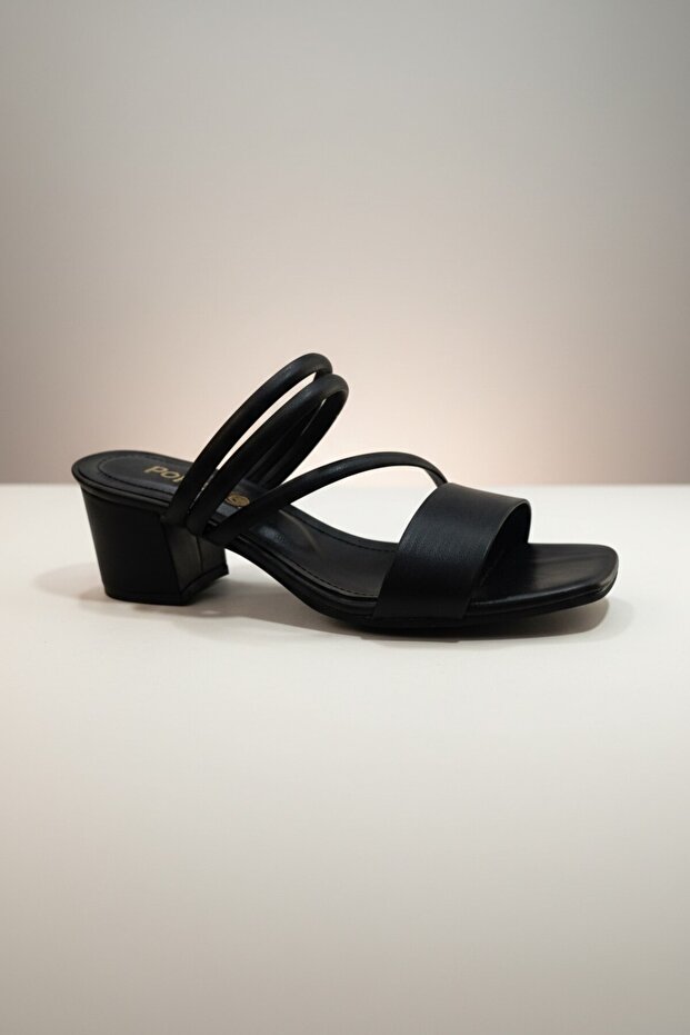 Popi̇n Black Thin Strap Low Square Heel Women's Shoes