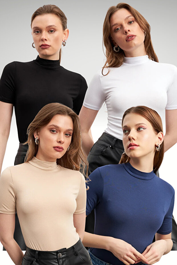 Women's Black White Cream Navy Blue 4-Pack Short Sleeve Blouse