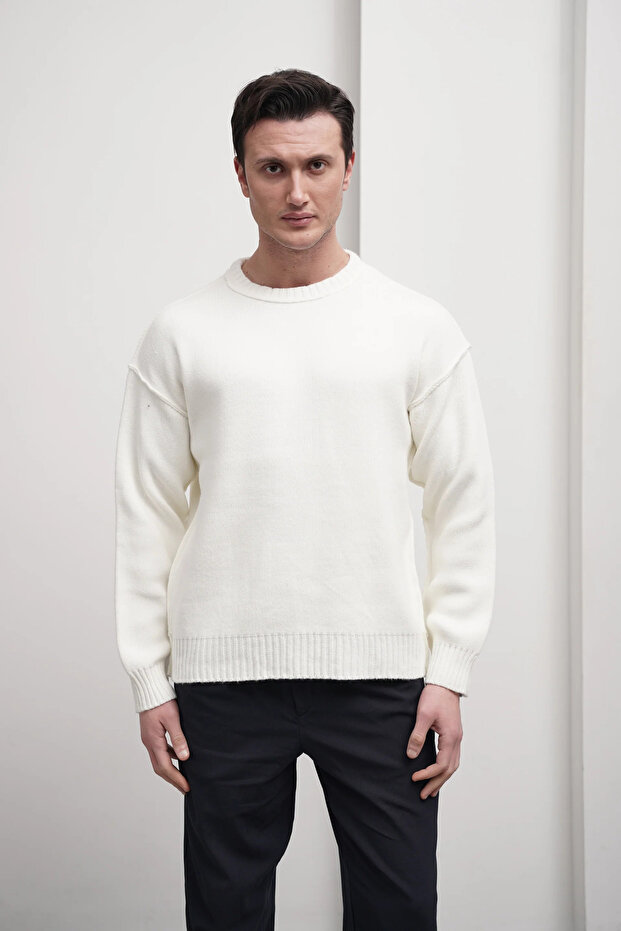 Reverse Stitching Oversize Crew Neck Wool Cotton Sweater