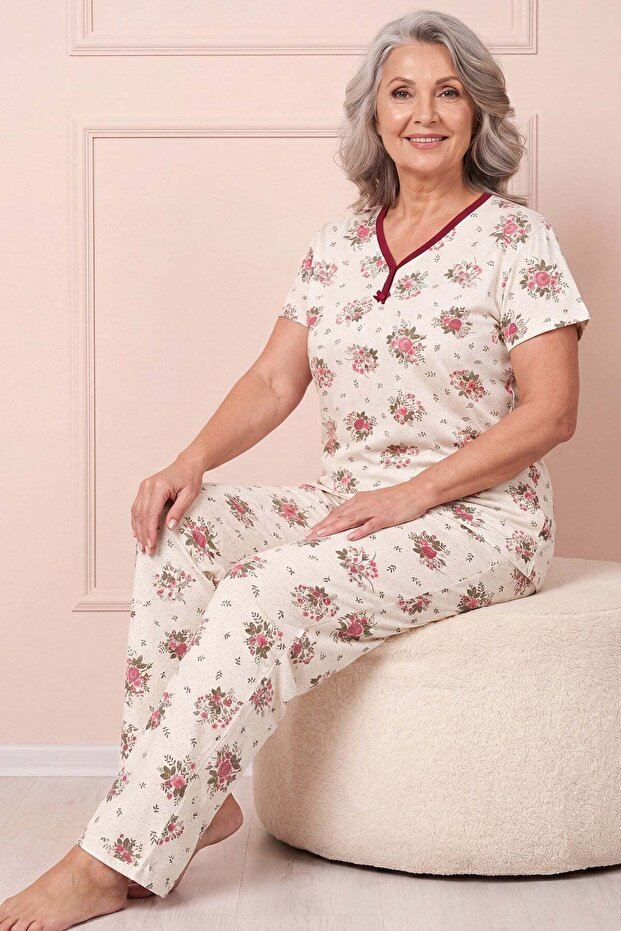 Women's Patterned Piping Collar Short Sleeve Long Combed Cotton Mother Pajama Set