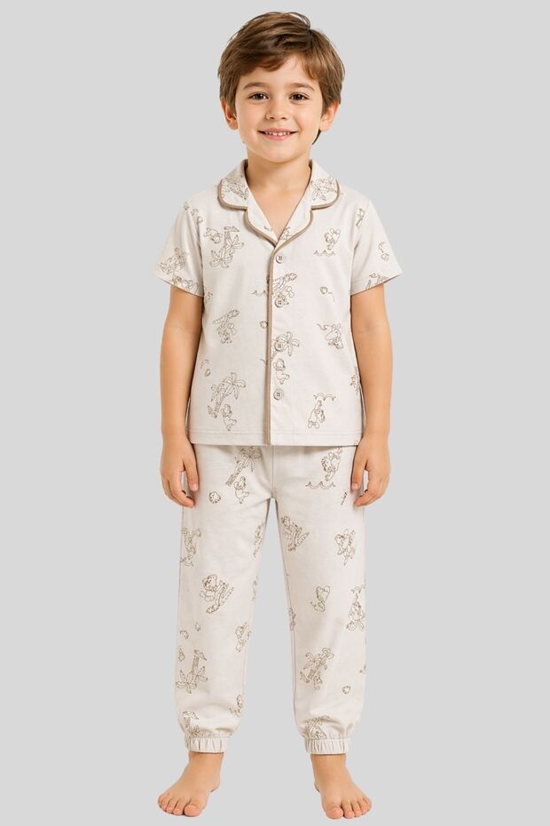 Boy's Safari Patterned Cotton Pajama Set - Beige