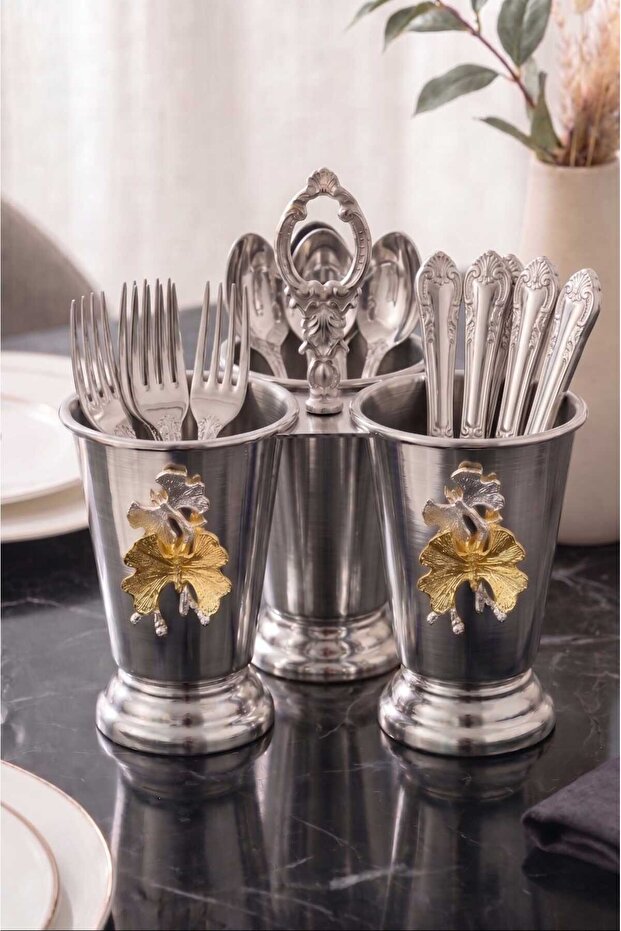 Gold Plated Luxury Butterfly Model Spoon Holder 3 Compartment Kitchen Presentation Tray Dowry Tableware Organizer Zenith