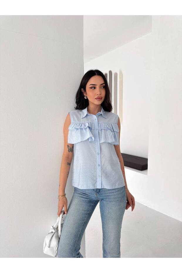 Ruffled Sleeveless Shirt - Baby Blue Baby Blue