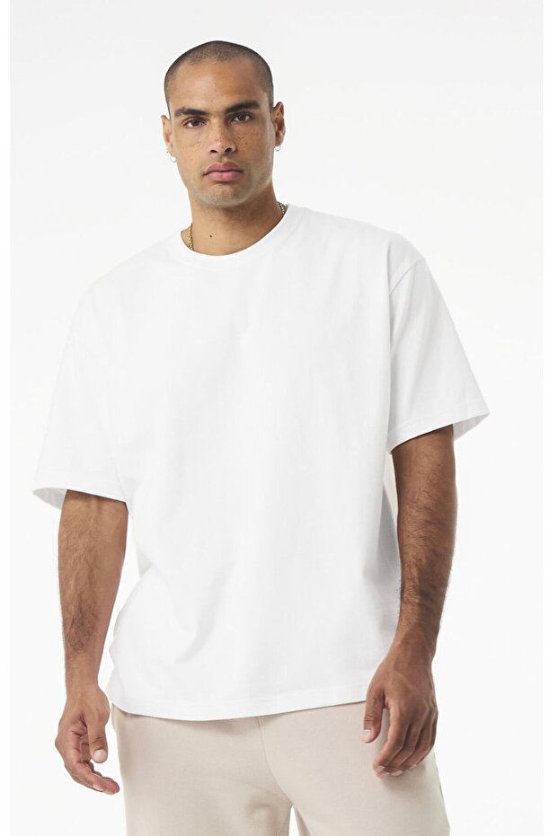 Men's White Oversize T-Shirt Plain Combed Cotton Basic Loose Cut Crew Neck Casual T-Shirt
