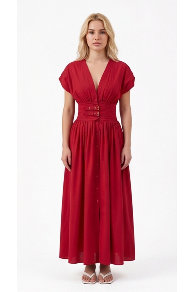V-Neck Short Sleeve Maxi Dress with Belt Detail