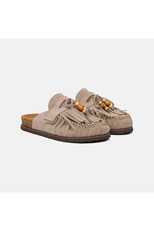 Women's Beige Tassel Detailed Suede Sabo Slippers