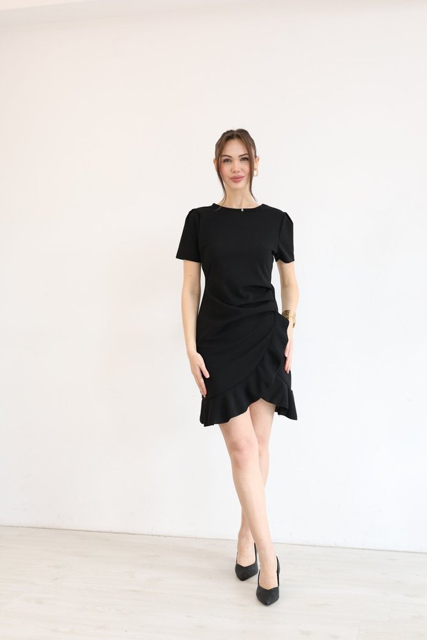Flounced Skirt Crepe Short Dress Black