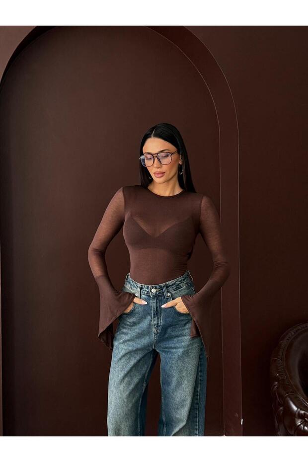 Crep Women's Transparent Blouse – Thin Soft Textured Long Sleeve Spanish Style Slim Fit Body Brown