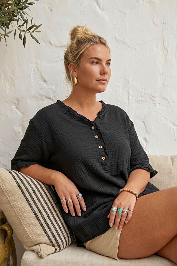 Black V-Neck Short-Sleeved Buttoned Collar and Cuff Ruffles Casual Muslin Oversized Woven Blouse 77 70