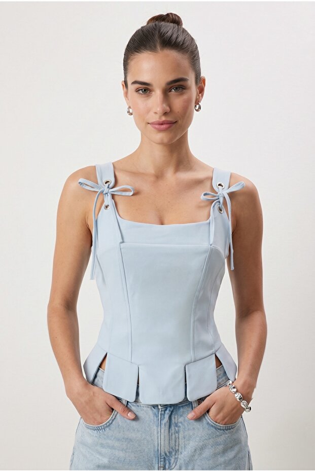 Women's Larissa Rope Detailed Corset Blue Woven Blouse
