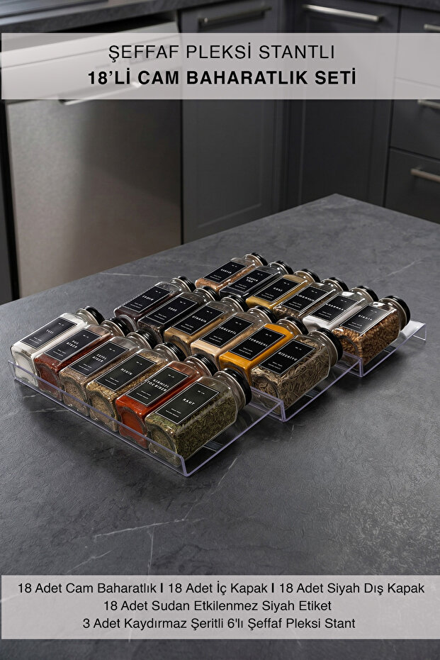 18-Piece Glass Spice Rack Set – with Plexi Stand, Black Labels and Lids | Drawer and Countertop Spice Rack Set