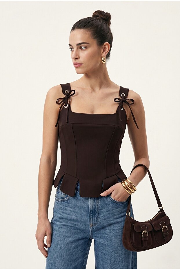 Women's Larissa Rope Detailed Corset Brown Woven Blouse