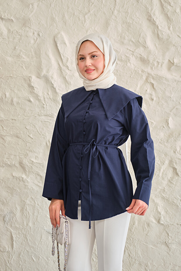 Women's Sailor Collar Waist Tie Shirt Navy Blue