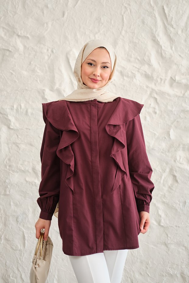 Women's Hidden Button Detail Flounce Shoulder Shirt Burgundy