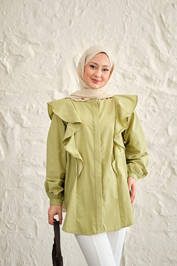 Women's Hidden Button Detail Flounce Shoulder Shirt Green