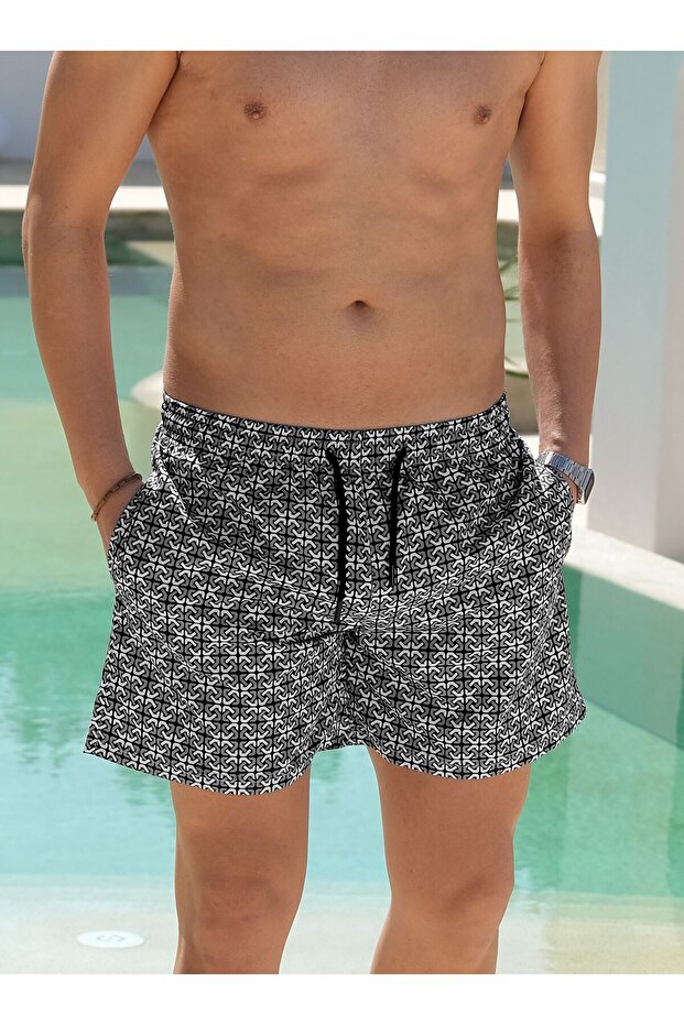 Quick-Drying Patterned Men's Swim Shorts with Pockets-26134