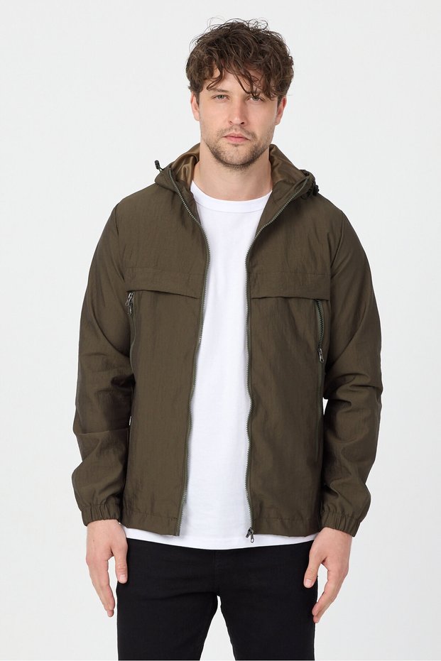 Men's Khaki Hooded Thin Seasonal Lined Windbreaker Zippered Casual Sports Jacket