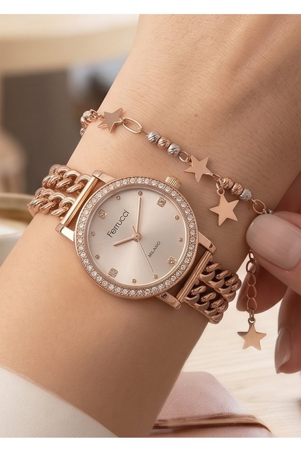 Milano Women's Rose Gold Chain Cord Stone Minimal Wristwatch 2 Years Warranty