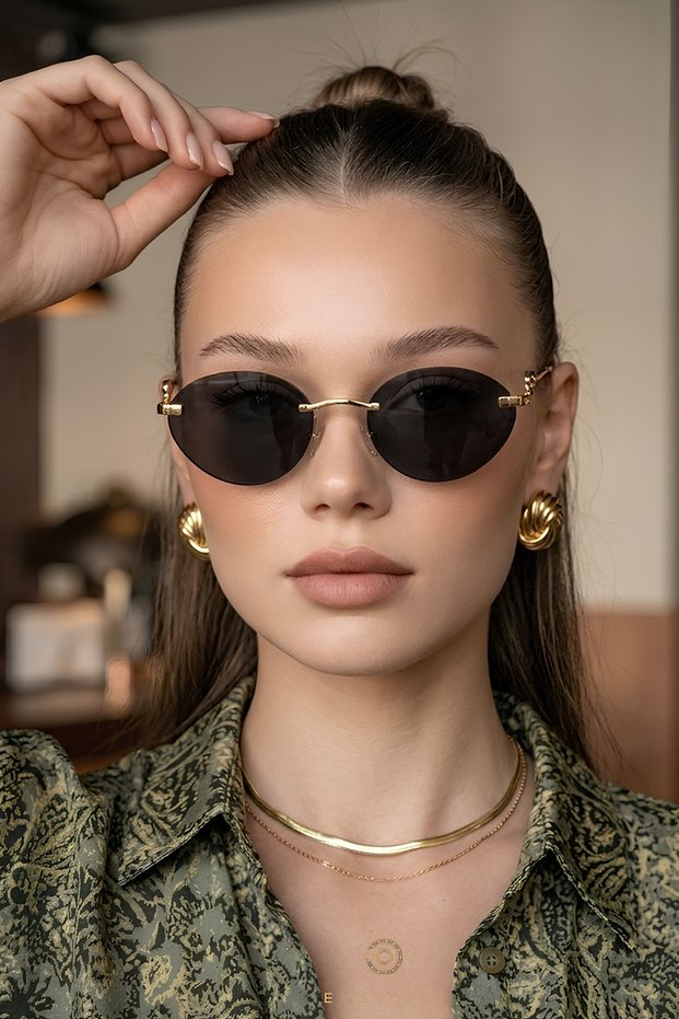 Cartiess Unisex Ellipse Black Gold Framed Ultra Light Uv400 Filtered Sunglasses