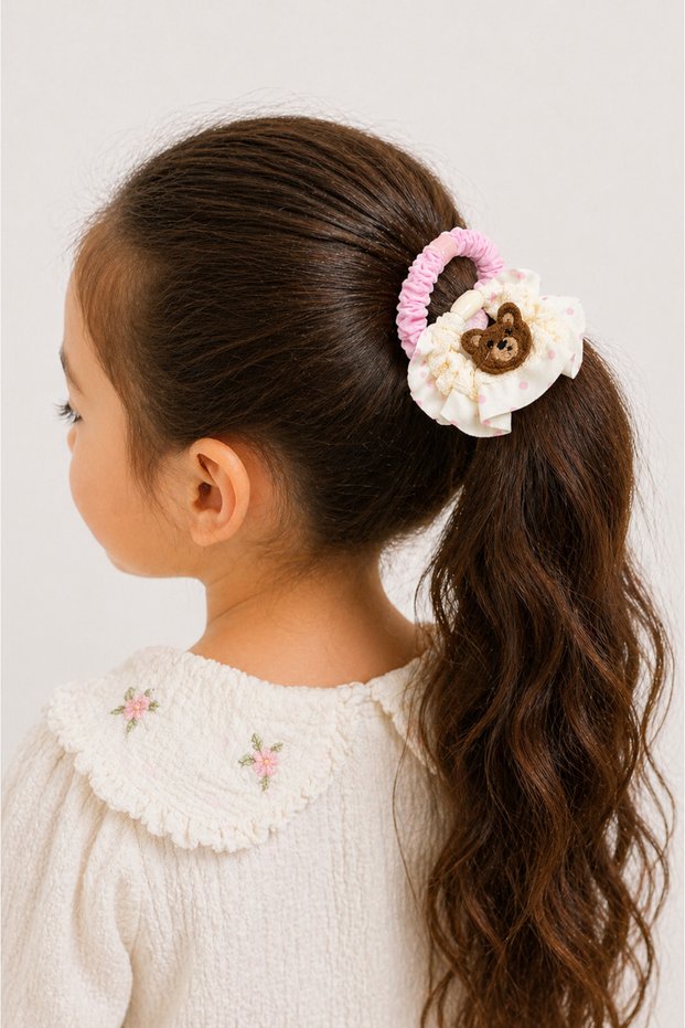 Set of 2 Hair Elastics Pink & Strawberry Detailed Ruffled Elastic Hair Clips for Girls & Women