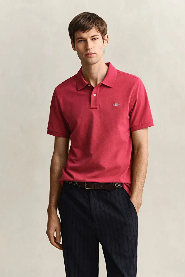 Men's Red Regular Fit Logo Polo Neck T-Shirt