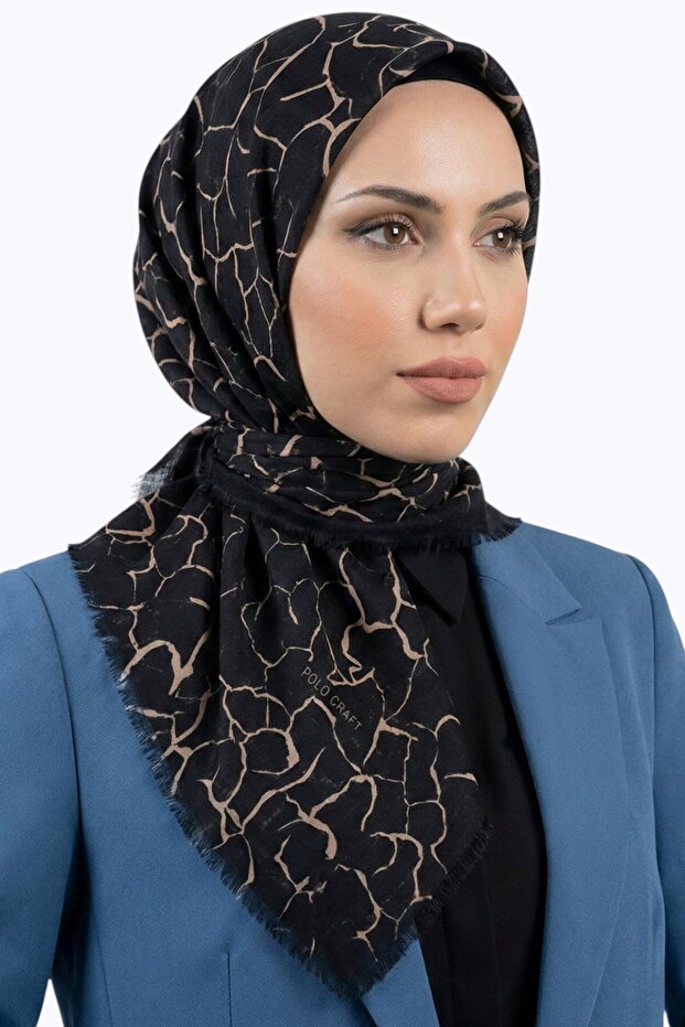 Women's Black and Tan Abstract Patterned Cotton Flared Scarf