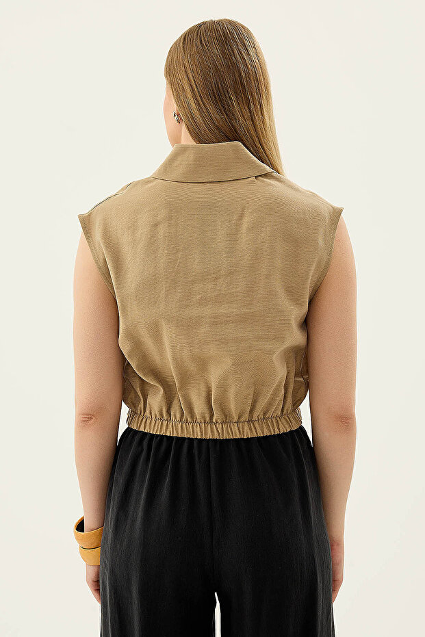 Elastic Waist, Buttoned Front, Zero Sleeve Blouse - 5