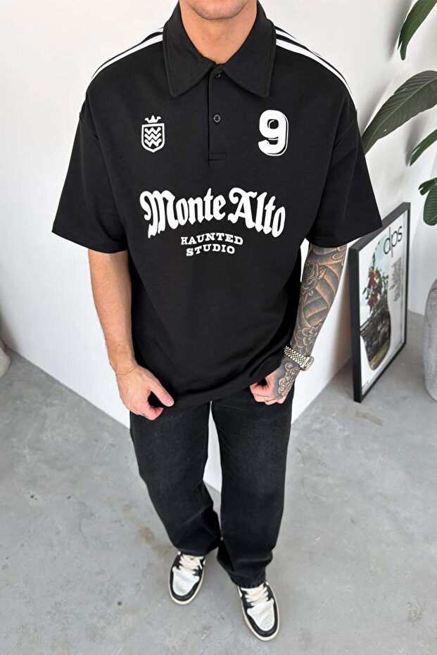Black Monte Printed Oversize Polo Neck T-Shirt