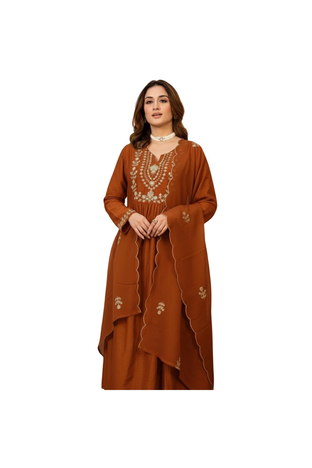 Orange Silk Embroidered A-Line Kurta Pant Set with Dupatta - ALV2169 | Orange