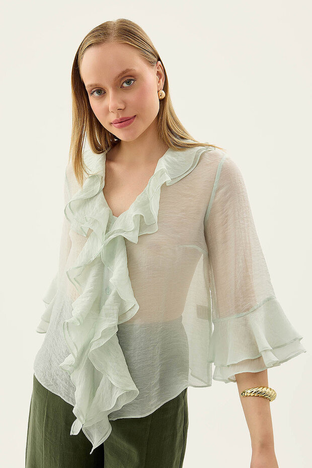 Buttoned Front Ruffled Blouse - 3