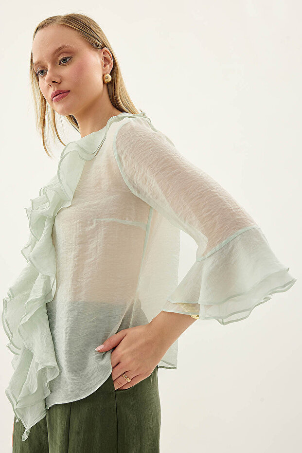 Buttoned Front Ruffled Blouse - 4