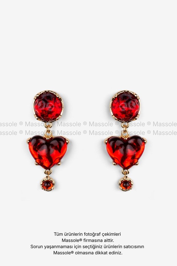 Red Heart Stone Dangle Earrings – Gold Color Detail, Shiny and Stylish Design, Romantic Women's Accessory for Special Occasions and Events, Jewelry Store Model