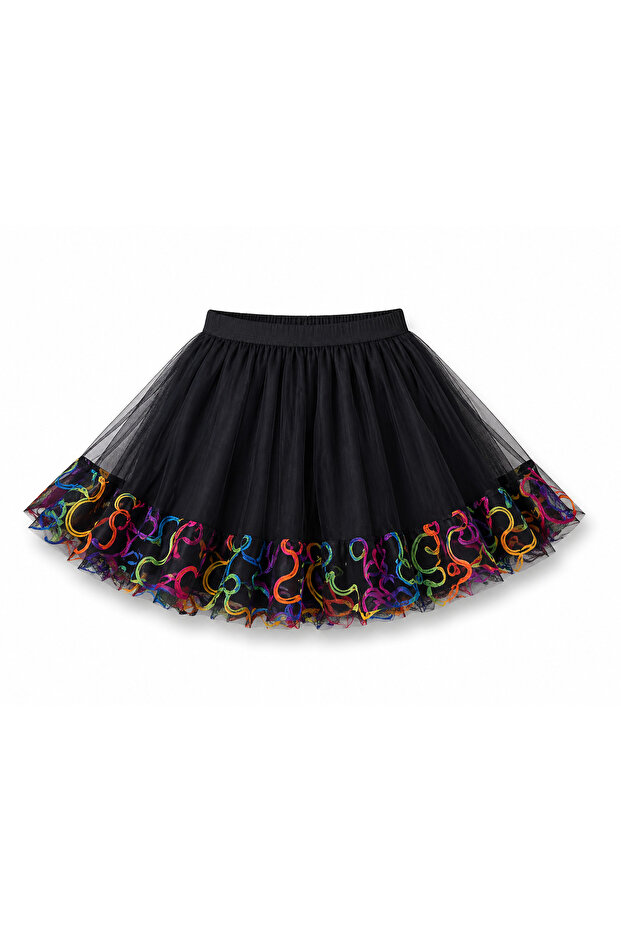 Girl's Black Tulle Skirt with Colorful Stripe Detail – Ages 5-13
