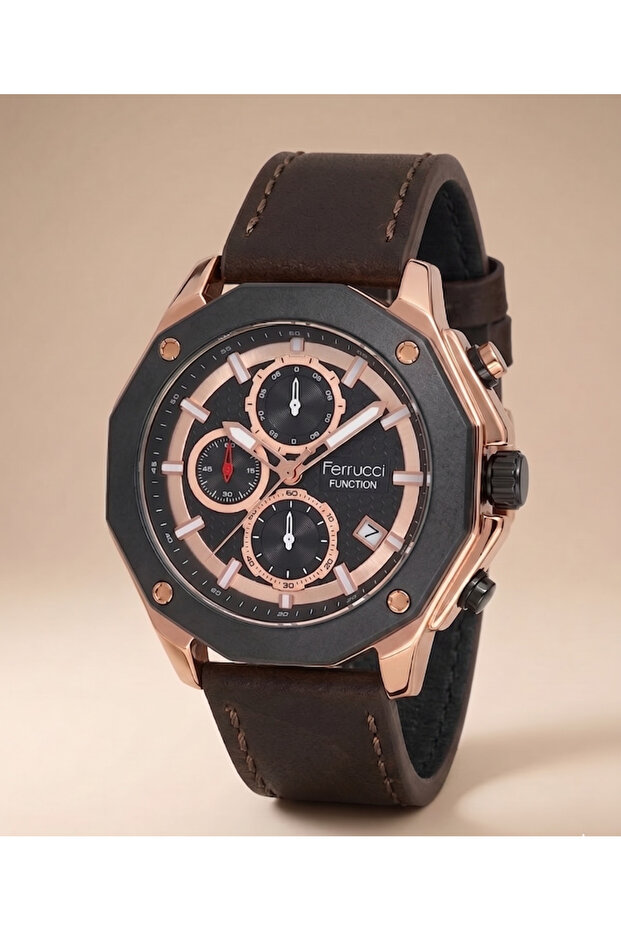 Function 43 mm Men's Wristwatch Matte Black Case Brown Detailed Dial Leather Band Multifunctional Quartz Watch
