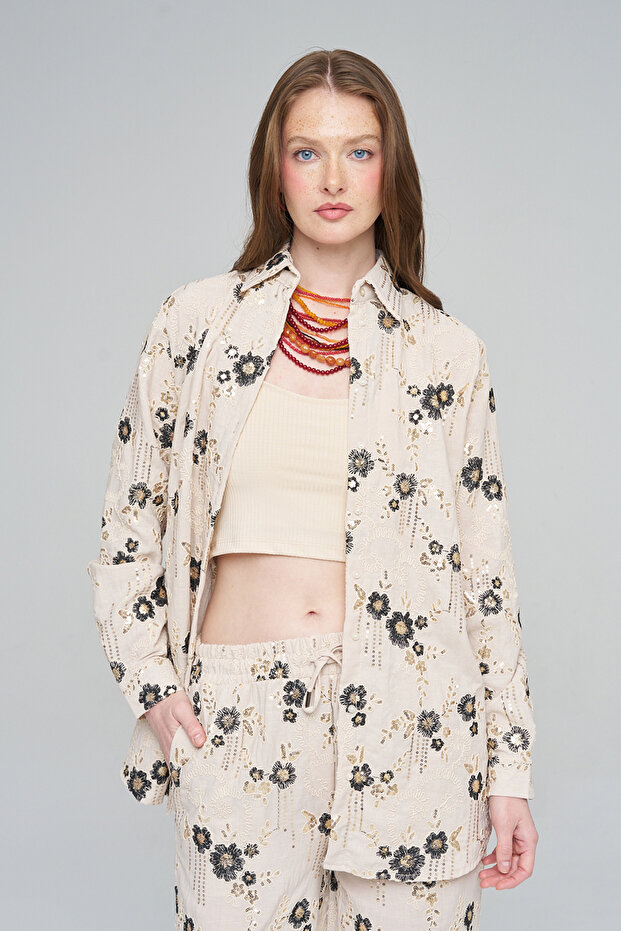 Women's Ethnic Floral Embroidered and Sequin Embellished Oversize Shirt
