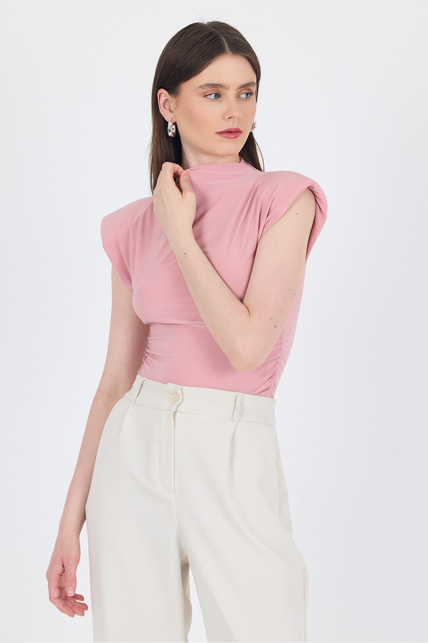 Padded High Collar Draped Blouse