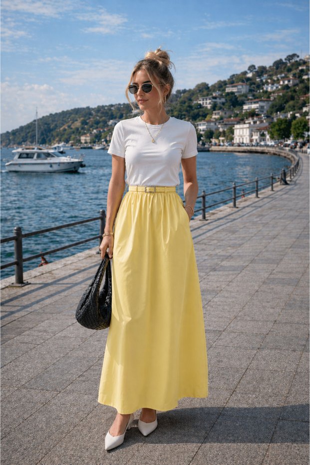 Women's Short Sleeve Modal Fabric Top Poplin Skirt Dress – with Pockets, Belt, Comfortable Fit, Midi Length, Summer Wear