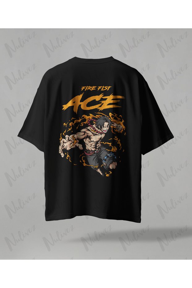 One Piece Ace Anime Printed Oversize Unisex T-Shirt Fire Fist Design Streetwear