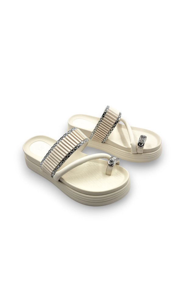 Stone Detailed, Flexible and Lightweight Design, Beige Color Flip-Flop Women's Slippers