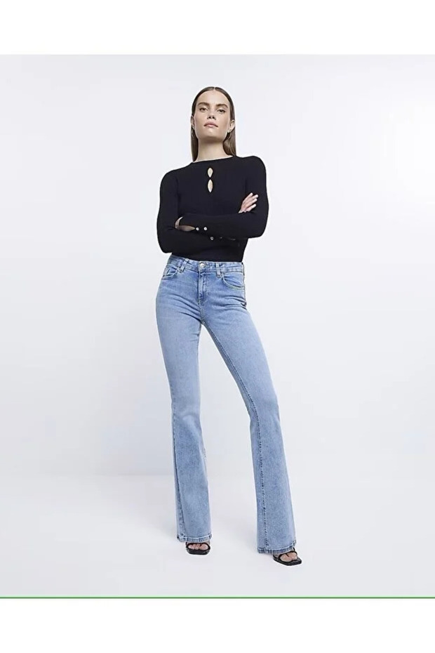High Waisted Non-Fading Blue Snow Wash Denim Pants Shaping Flare Jeans