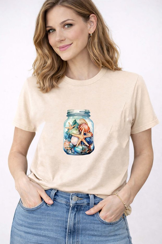 Women's Summer Sea-Themed Print Detailed Crew Neck Cotton T-Shirt