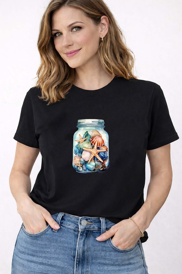 Women's Summer Sea-Themed Print Detailed Crew Neck Cotton T-Shirt