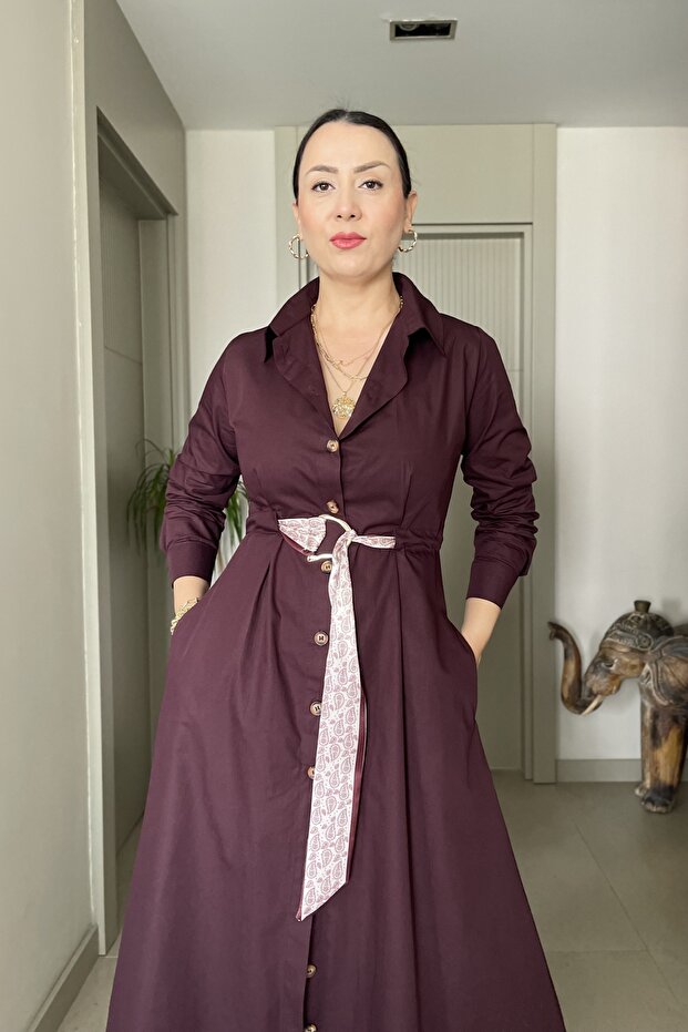 Soft Textured Full Buttoned Shirt Dress with Scarf Belt
