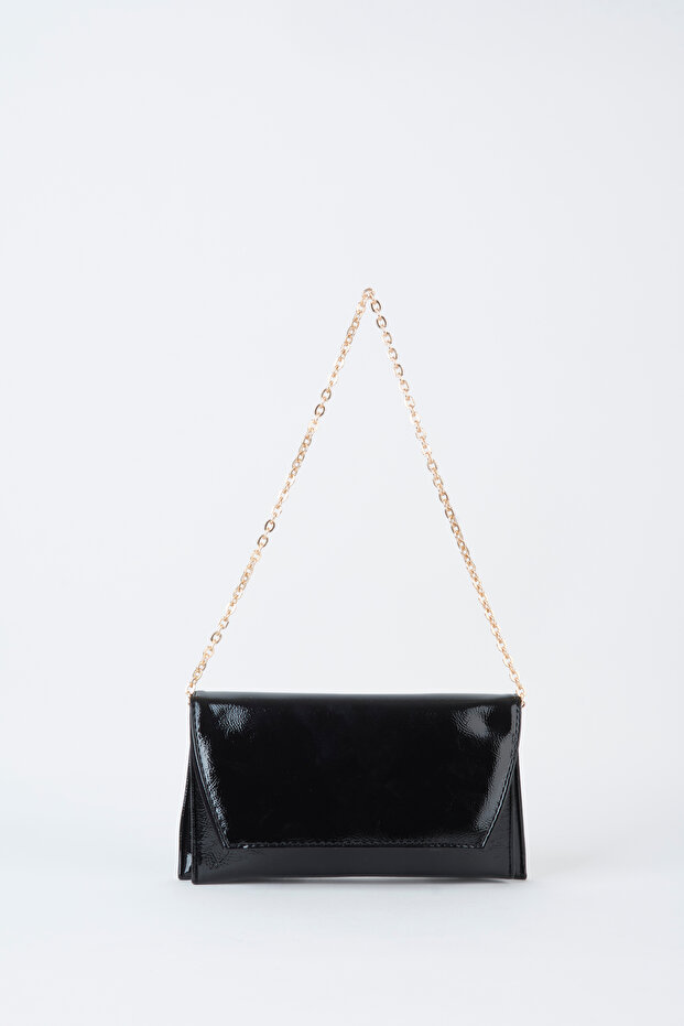 Women's Black Patent Leather Envelope Design 2-Compartment Mini Chain Strap Snap Closure Clucth and Handbag