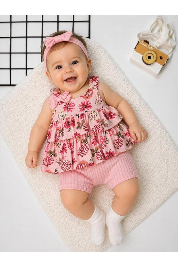 Baby Girl Pineapple Printed Biker Shorts Summer Set with Suspenders Pink